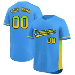 Powder Blue Neon Green-Gold Gradient Side Baseball Jersey 1