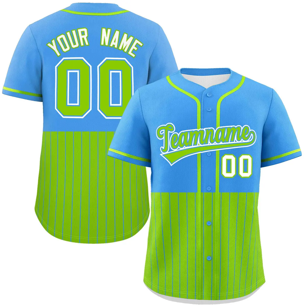 Powder Blue Neon Green Half Stripe Authentic Baseball Jersey