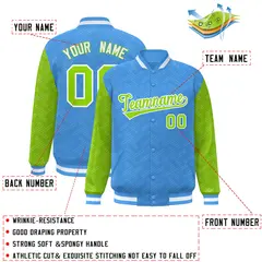 Powder Blue Neon Green L Pattern Raglan Letterman Baseball Jacket 2