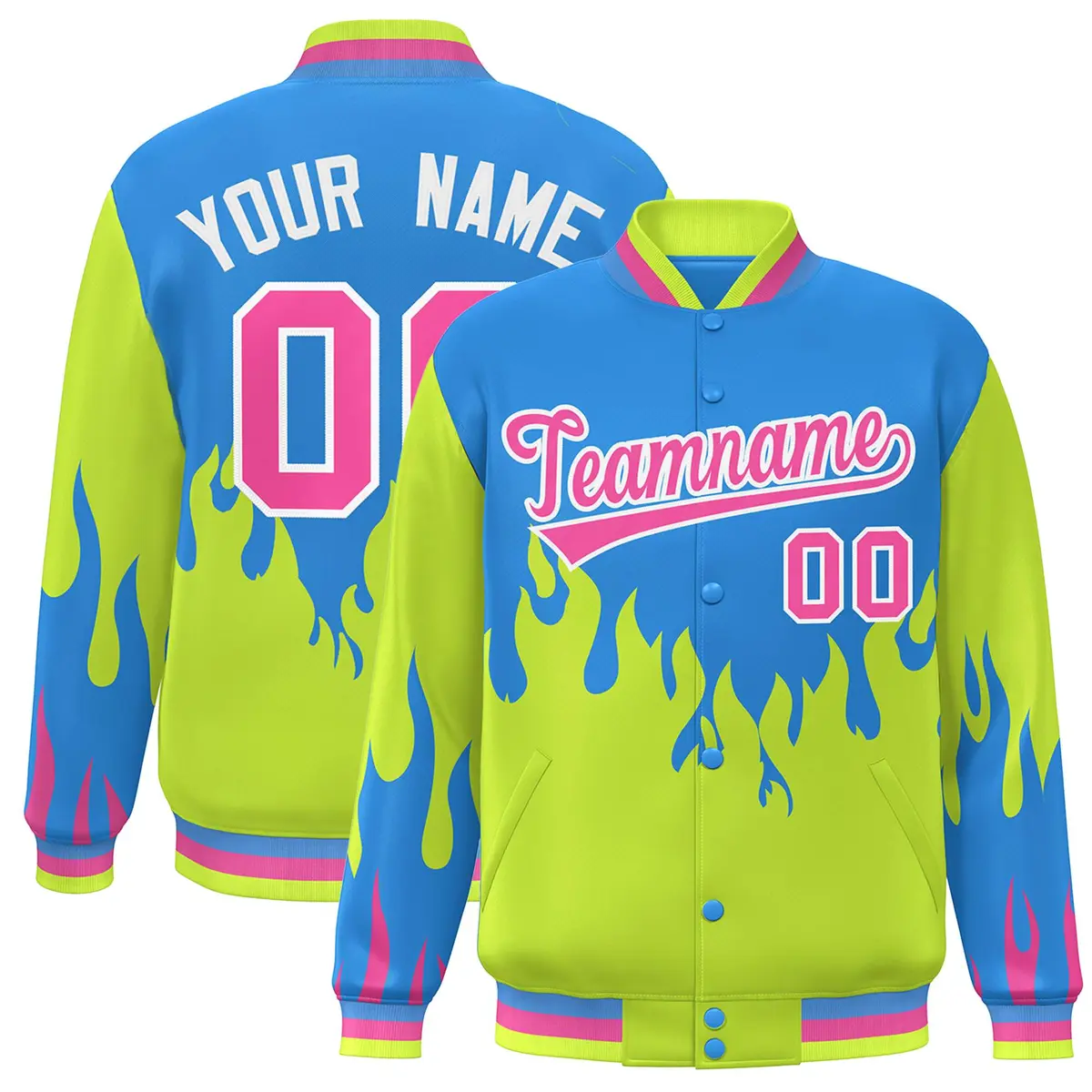 Powder Blue Neon Green-Pink Flame Graffiti Varsity Full-Snap Bomber Jacket