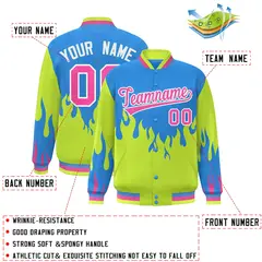 Powder Blue Neon Green-Pink Flame Graffiti Varsity Full-Snap Bomber Jacket 2