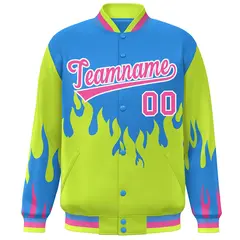 Powder Blue Neon Green-Pink Flame Graffiti Varsity Full-Snap Bomber Jacket 3