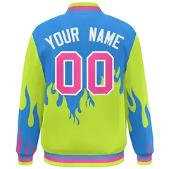 Powder Blue Neon Green-Pink Flame Graffiti Varsity Full-Snap Bomber Jacket 4