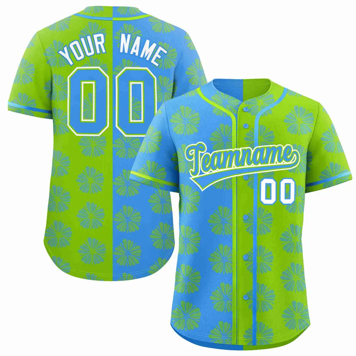 Powder Blue Neon Green Split Flower Graffiti Baseball Jersey