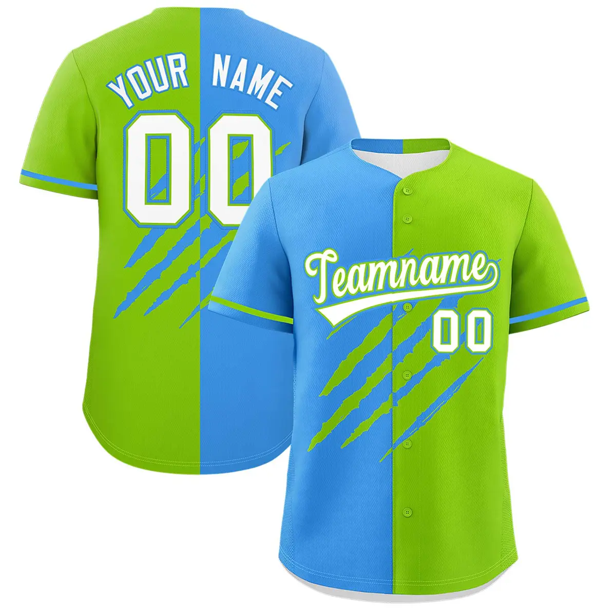 Powder Blue Neon Green Tiger Claw Scratch Split Baseball Jersey