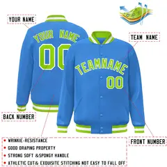 Powder Blue Neon Green-White Varsity Full-Snap Letterman Jacket 2