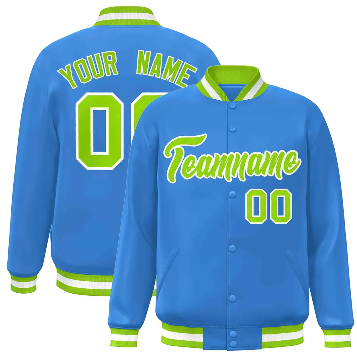 Powder Blue Neon Green-White Varsity Full-Snap Letterman Jacket