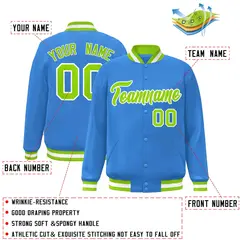 Powder Blue Neon Green-White Varsity Full-Snap Letterman Jacket 2