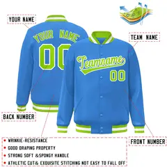 Powder Blue Neon Green-White Varsity Full-Snap Letterman Jacket 2