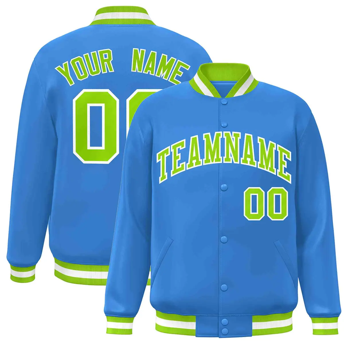 Powder Blue Neon Green-White Varsity Full-Snap Letterman Jacket