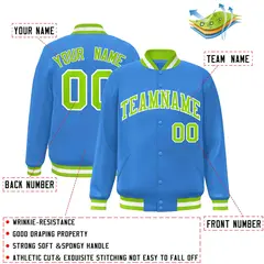 Powder Blue Neon Green-White Varsity Full-Snap Letterman Jacket 2