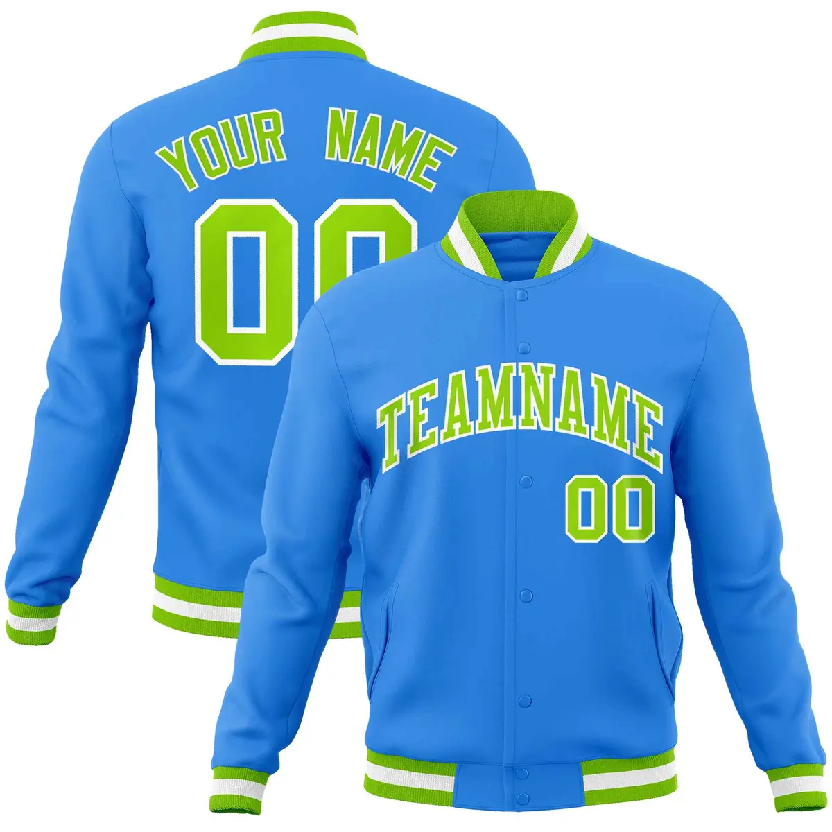 Powder Blue Neon Green-White Varsity Full-Snap Letterman Jacket