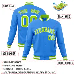 Powder Blue Neon Green-White Varsity Full-Snap Letterman Jacket 4