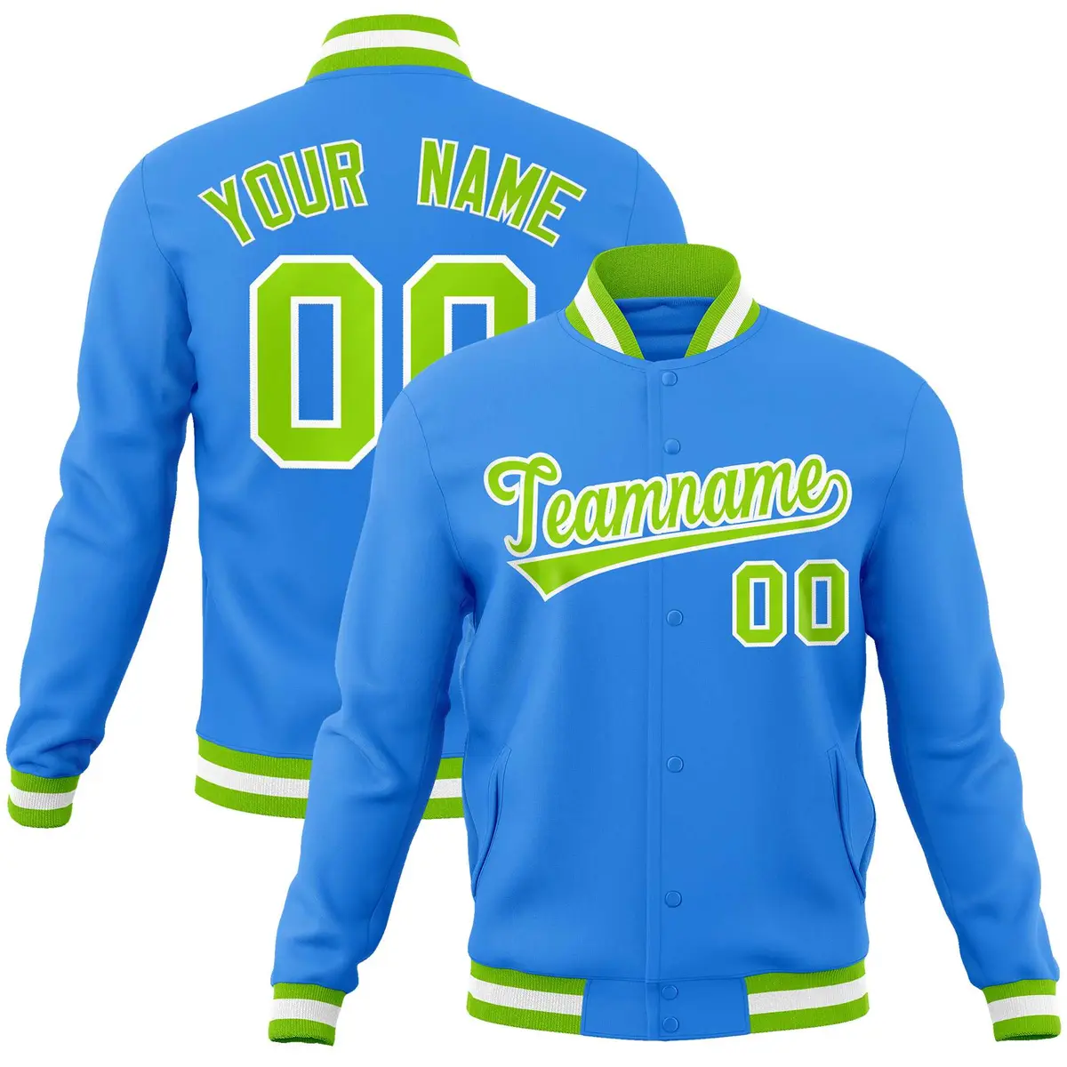 Powder Blue Neon Green-White Varsity Full-Snap Letterman Jacket