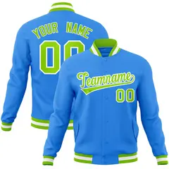 Powder Blue Neon Green-White Varsity Full-Snap Letterman Jacket 1