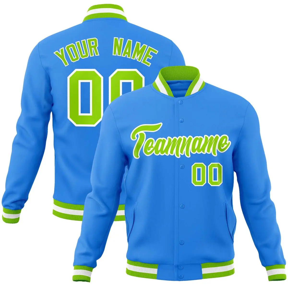 Powder Blue Neon Green-White Varsity Full-Snap Letterman Jacket