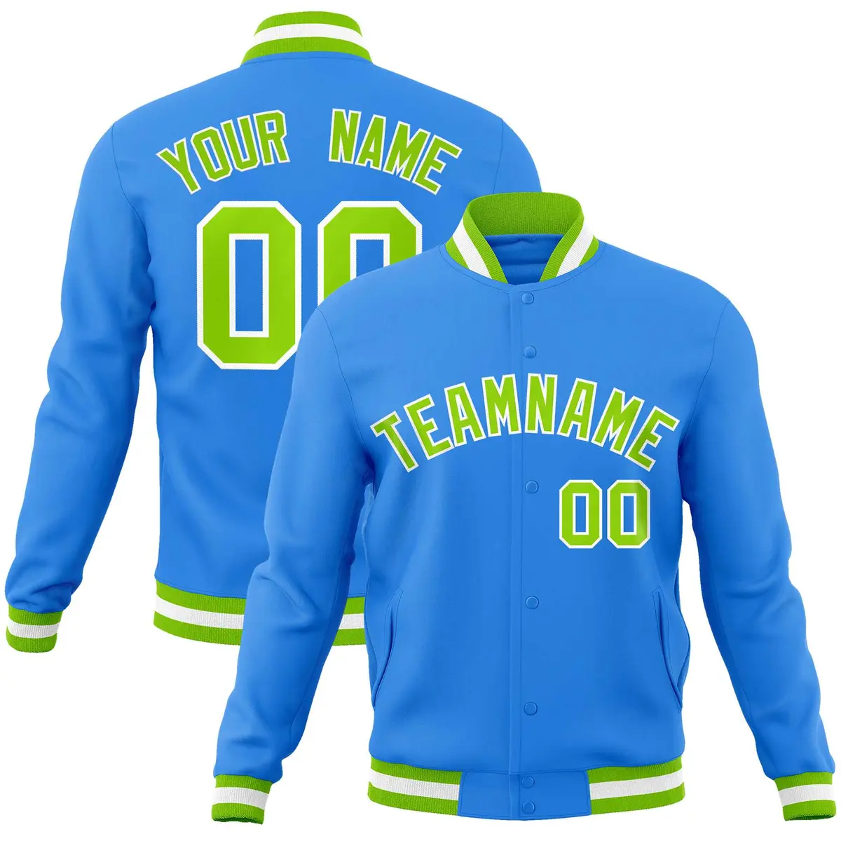 Powder Blue Neon Green-White Varsity Full-Snap Letterman Jacket