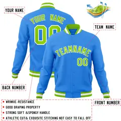 Powder Blue Neon Green-White Varsity Full-Snap Letterman Jacket 4