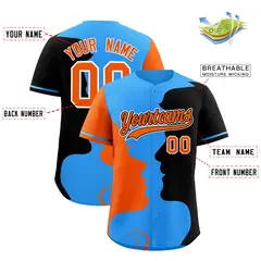 Powder Blue Orange Black Couple Silhouettes Valentine's Day Baseball Jersey 3