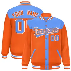 Powder Blue Orange Color Block Varsity Bomber Jacket 1