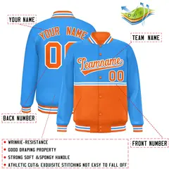 Powder Blue Orange Color Block Varsity Full-Snap Letterman Jacket 2