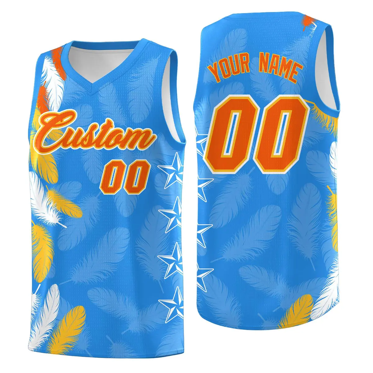 Powder Blue Orange Feather Series Graffiti Pattern Basketball Jersey
