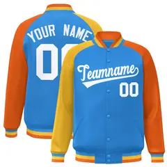 Powder Blue Orange-Gold Full-Snap Raglan Varsity Letterman Bomber Jacket