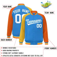 Powder Blue Orange-Gold Full-Snap Raglan Varsity Letterman Bomber Jacket 2