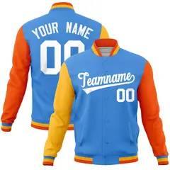 Powder Blue Orange-Gold Raglan Sleeves Varsity Full-Snap Letterman Jacket 1
