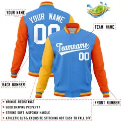 Powder Blue Orange-Gold Raglan Sleeves Varsity Full-Snap Letterman Jacket 4