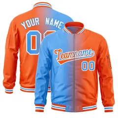 Powder Blue Orange Gradient Full-Zip Letterman Bomber Jacket