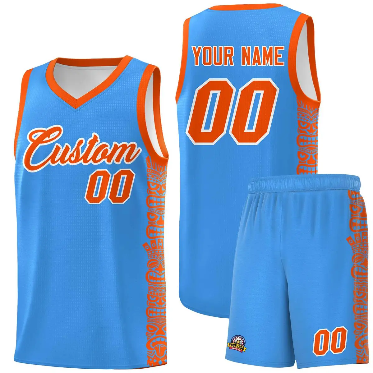 Powder Blue Orange Indians Pattern Basketball Uniform Jersey