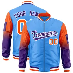 Powder Blue Orange-Purple Raglan Gradient Full-Zip Varsity Letterman Bomber Jacket