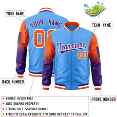 Powder Blue Orange-Purple Raglan Gradient Full-Zip Varsity Letterman Bomber Jacket 2