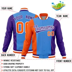 Powder Blue Orange Purple Three-Color Block Varsity Letterman Jacket 2