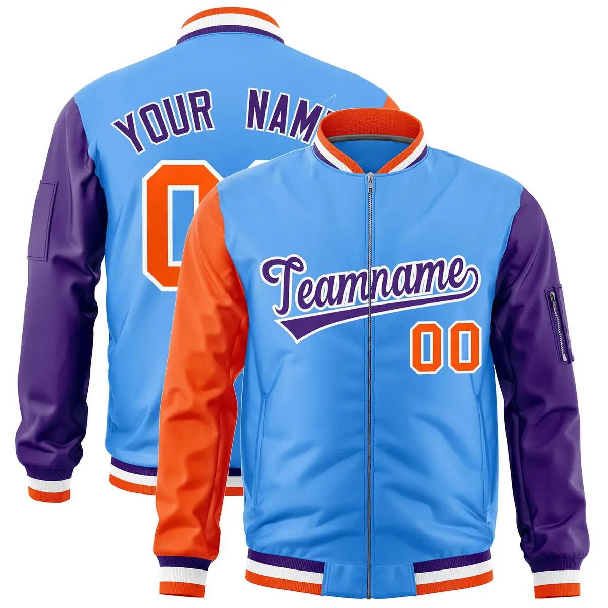 Powder Blue Orange Purple Varsity Letterman Bomber Jacket Full-Zip Raglan Sleeves