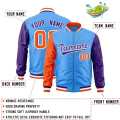 Powder Blue Orange Purple Varsity Letterman Bomber Jacket Full-Zip Raglan Sleeves 2