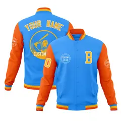 Powder Blue Orange Raglan Full-Snap Varsity Letterman Jacket 1