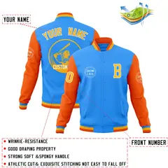Powder Blue Orange Raglan Full-Snap Varsity Letterman Jacket 4