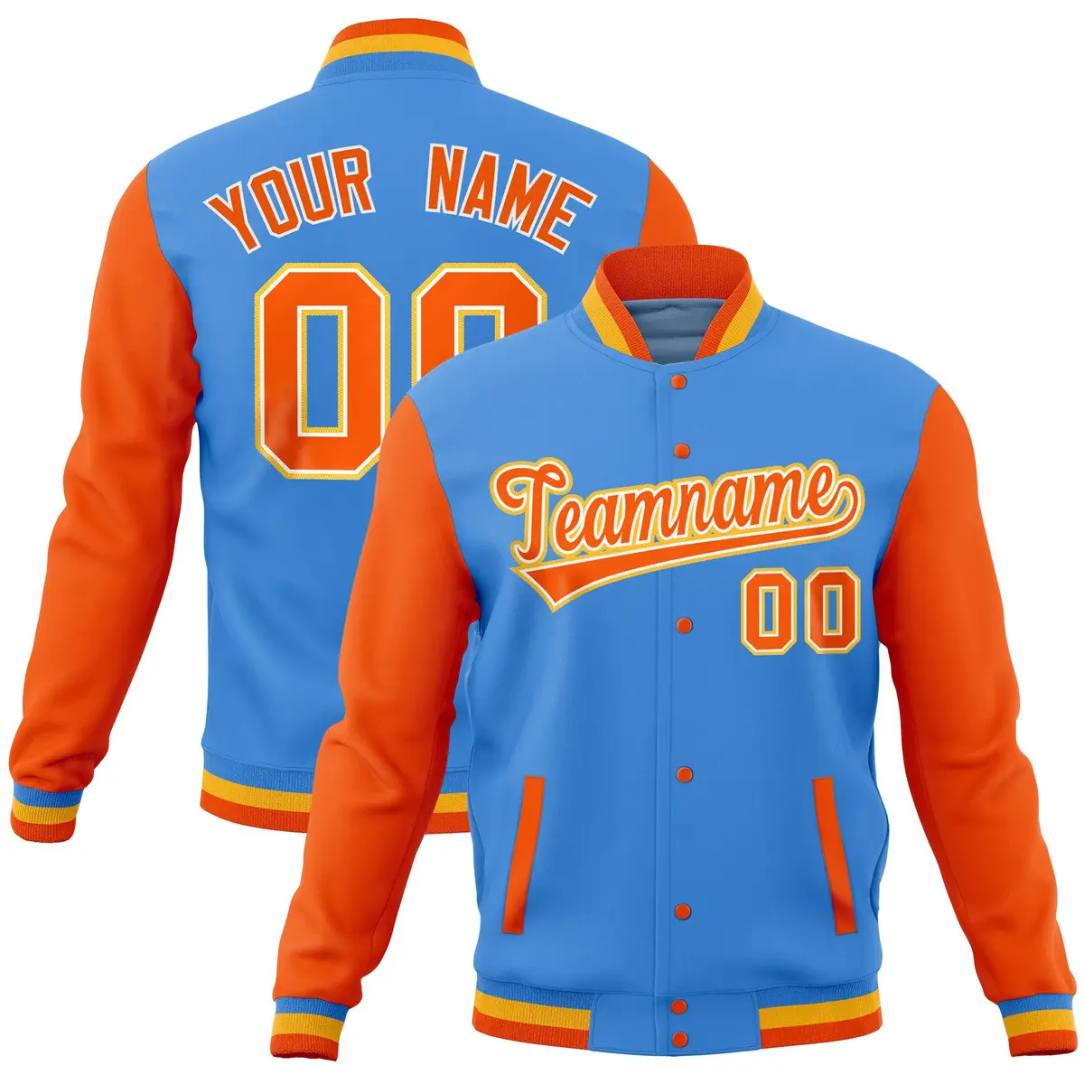 Powder Blue Orange Raglan Full-Snap Varsity Letterman Jacket