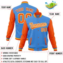 Powder Blue Orange Raglan Full-Snap Varsity Letterman Jacket 4