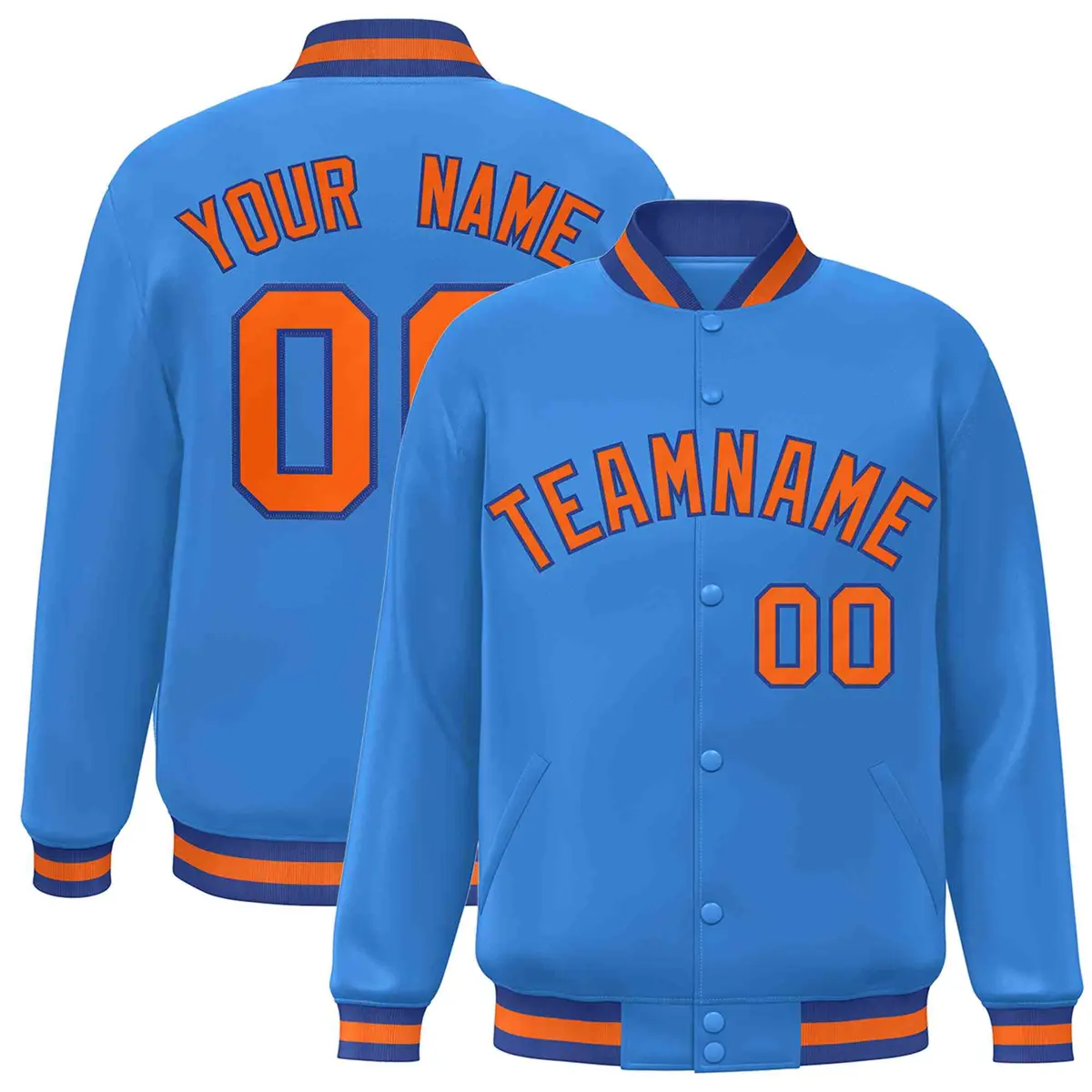 Powder Blue Orange-Royal Varsity Full-Snap Letterman Jacket