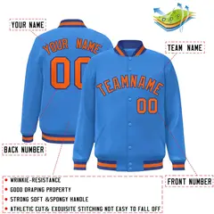 Powder Blue Orange-Royal Varsity Full-Snap Letterman Jacket 2