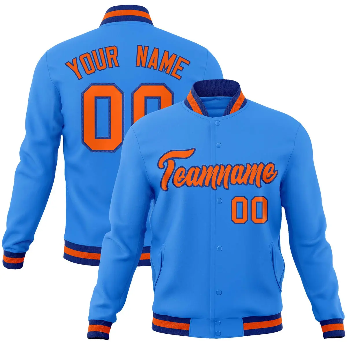 Powder Blue Orange-Royal Varsity Full-Snap Letterman Jacket