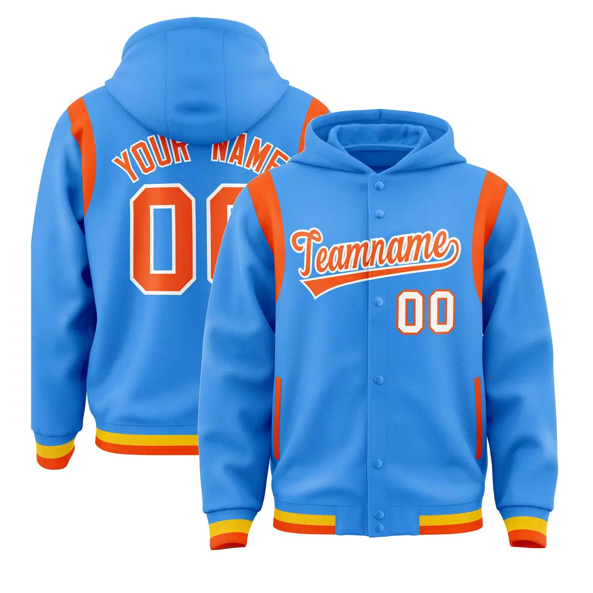 Powder Blue Orange Shoulder Color Block Varsity Letterman Jacket Hoodie