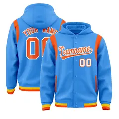 Powder Blue Orange Shoulder Color Block Varsity Letterman Jacket Hoodie 1
