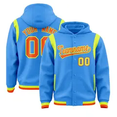 Powder Blue Orange Shoulder Color Block Varsity Letterman Jacket Hoodie 1