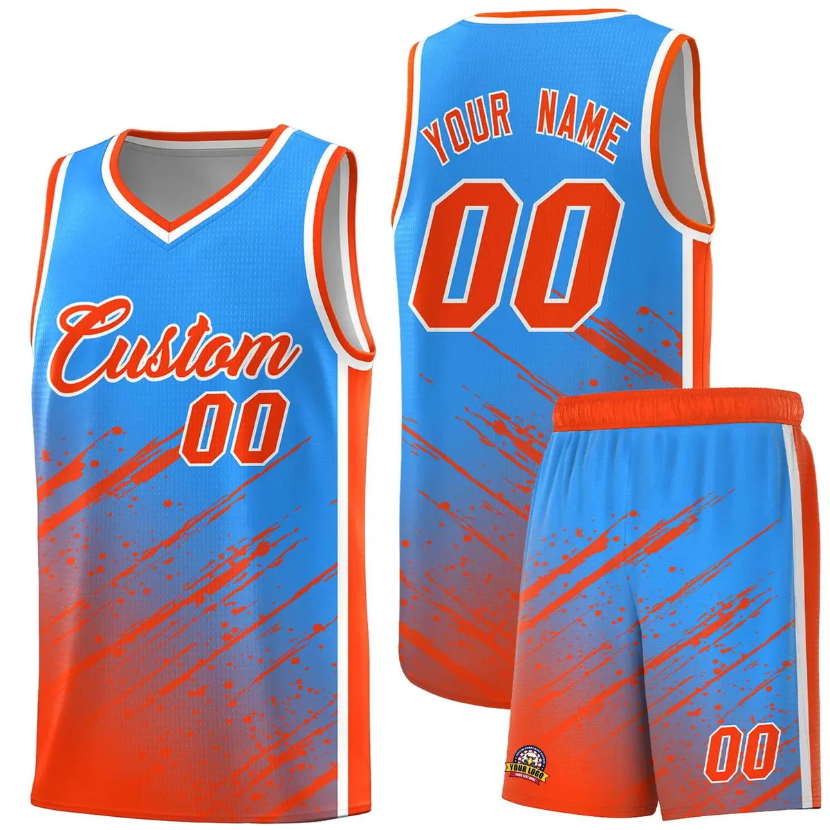 Powder Blue Orange Splash Basketball Uniforms for Match