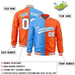 Powder Blue Orange Two Tone Full-Zip Varsity Letterman Bomber Jacket 2