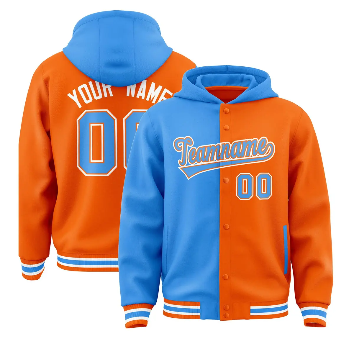Powder Blue Orange Two Tone Split Varsity Letterman Hoodie Jacket